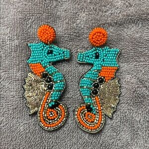 Turquoise & Orange Beaded Seahorse Drop Earrings